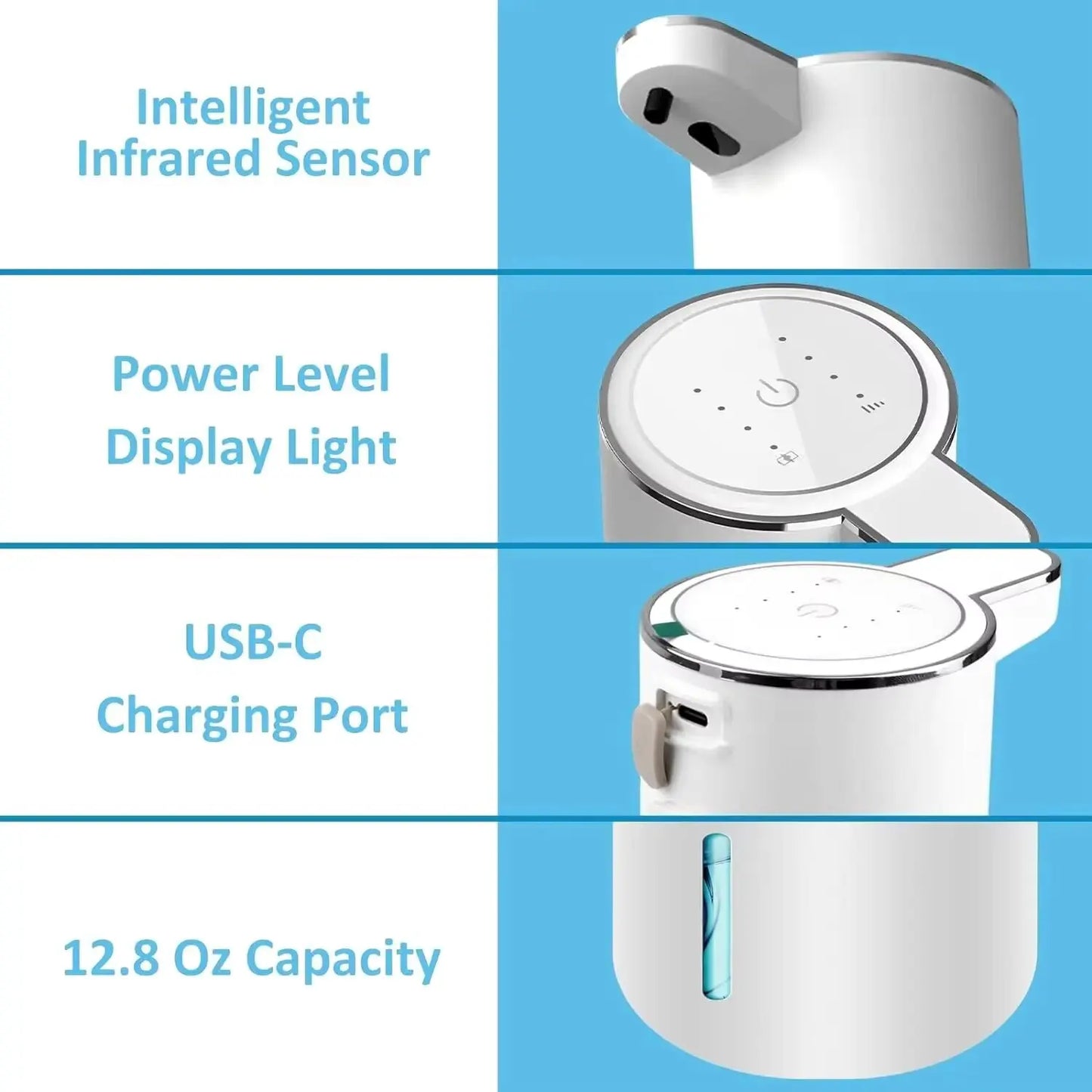 Nuevo Dispensador Automático de Jabón Espumoso sin Contacto, Recargable por USB, 380ml, con 4 Niveles Ajustables para el Hogar.